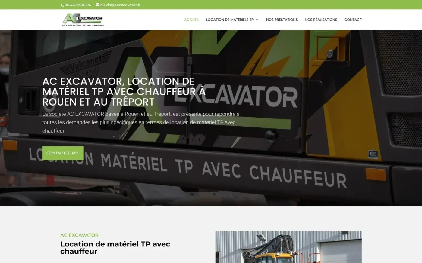 Page d’accueil du site d’AC Excavator, location de matériel TP avec chauffeur