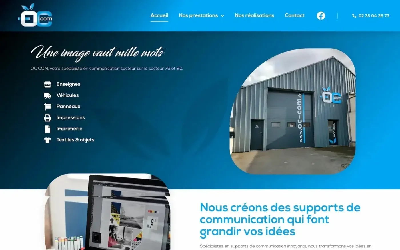 Page d’accueil du site d’OC Com, fabrication et pose de signalétique