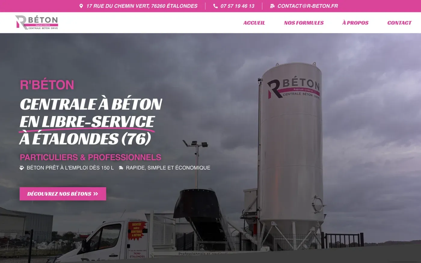 Page d’accueil du site de R’Béton, centrale à béton en libre-service