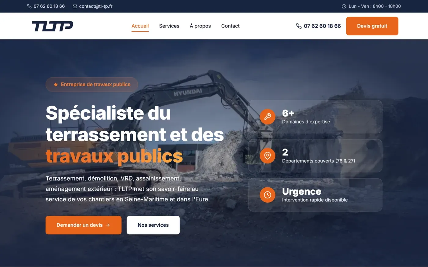 Page d’accueil du site de TLTP, entreprise de terrassement et de travaux publics